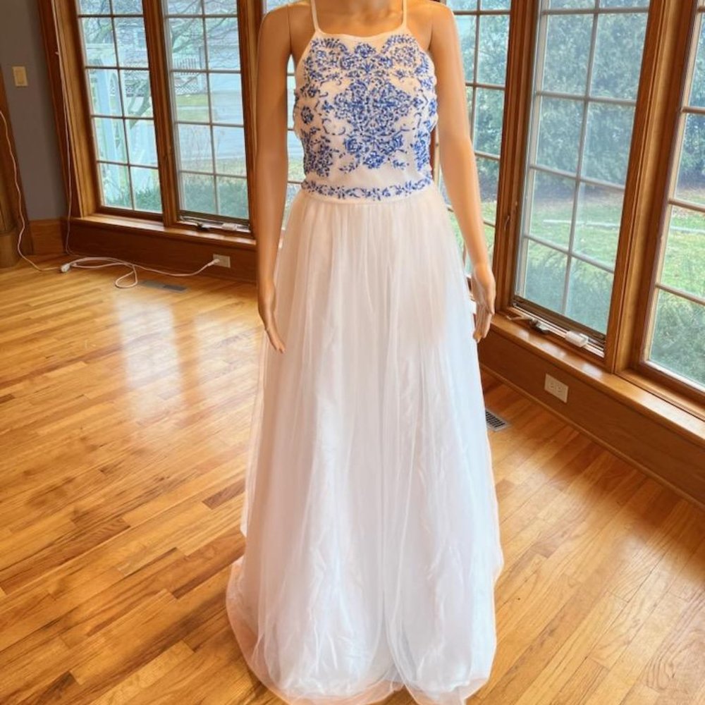 *Speechless White Blue Halter Tulle Sleeveless Bridal Gown Wedding Dress Size 13